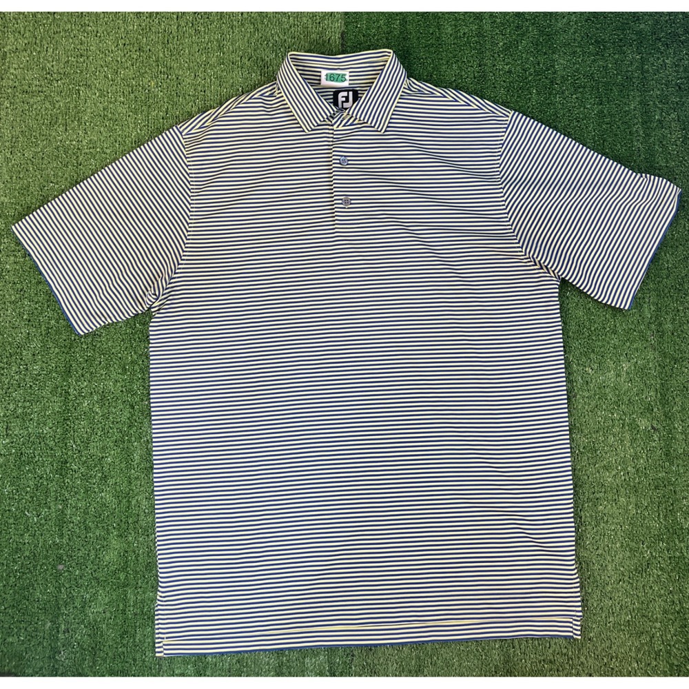 FootJoy Mens ProDry Golf Polo Shirt LG Navy Blue Lime Green Striped Short Sleeve
